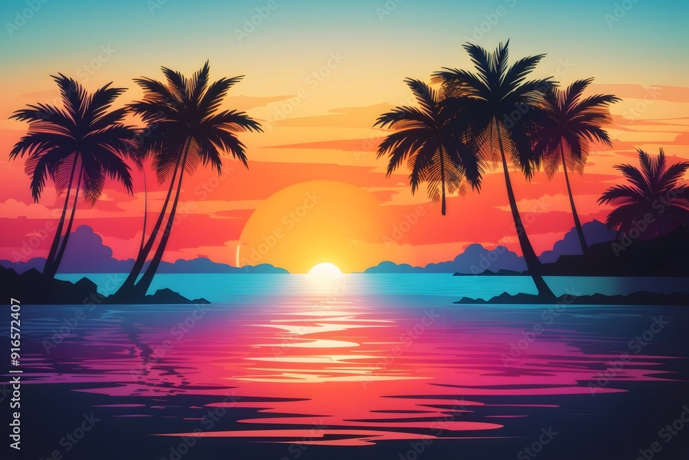Ocean landscape with coconut trees in silhouette against sunset nature background
Ocean landscape with coconut trees in silhouette against sunset nature background