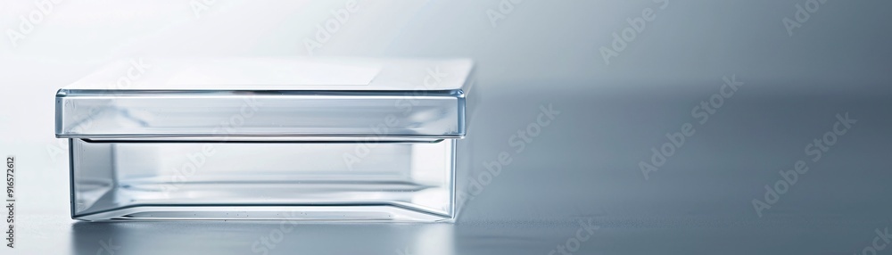 Close-up of an empty transparent plastic box with a lid, highlighting its polished finish and sturdy design. The image is set against a plain background with plenty of room for copy. Close-up of an empty transparent plastic box with a lid, highlighting its polished finish and sturdy design. The image is set against a plain background with plenty of room for copy.