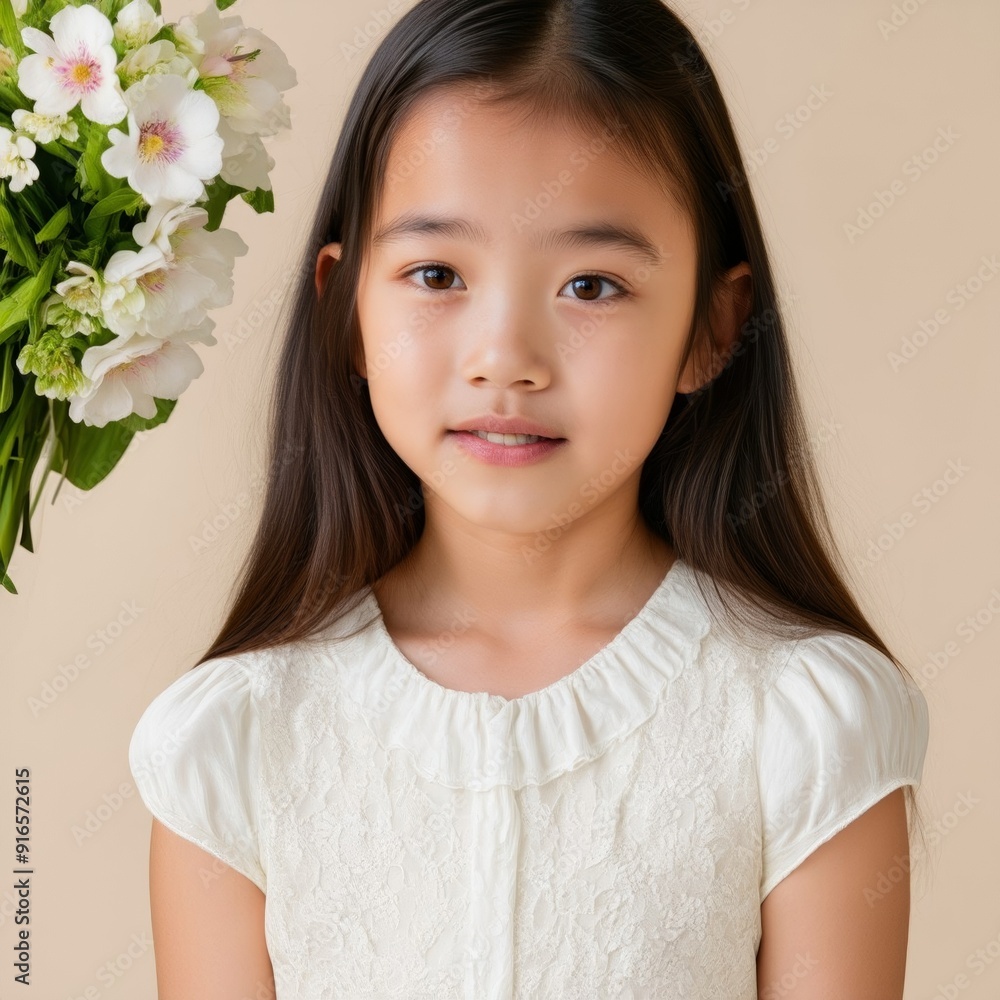 Portrait of young Korean girl on light background with flowers Portrait of young Korean girl on light background with flowers