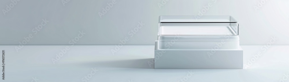 Transparent plastic box mockup with its lid placed neatly on top, shot in close-up to showcase its clean lines and clarity. The background is simple, offering significant copy space for additional Transparent plastic box mockup with its lid placed neatly on top, shot in close-up to showcase its clean lines and clarity. The background is simple, offering significant copy space for additional