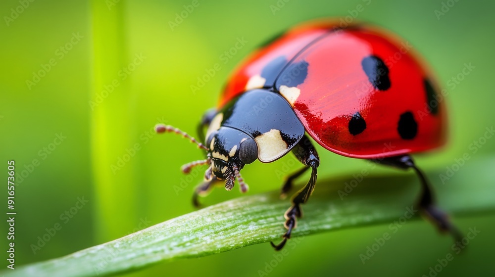 A macro image of a ladybug on a blade of grass, highlighting its bright red shell and black spots. A macro image of a ladybug on a blade of grass, highlighting its bright red shell and black spots.