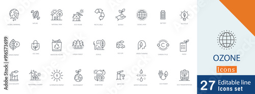 Ozone symbol stroke icon set. containing RECYCLABLE, GREEN ENERGY, NATIONAL PARK, ECO BAG, GREEN THINKING and more icon