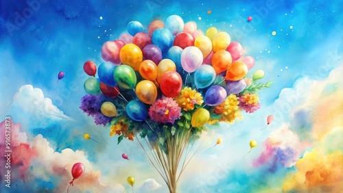 Vibrant watercolor of a bouquet flying among colorful balloons in the sky, bouquet, balloons, fountain, colorful