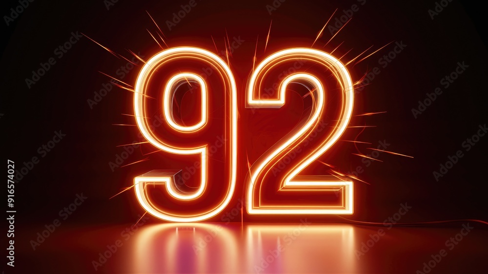 Illuminated Neon Number 92 in Glow on Dark Background Illuminated Neon Number 92 in Glow on Dark Background