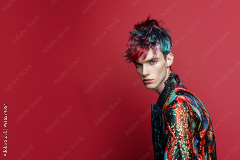 Poised and elegant young man eye-catching hairstyle. His modern and daring hair style complements his charismatic look. Vibrant hair style is allegory of self-expression and individuality. Poised and elegant young man eye-catching hairstyle. His modern and daring hair style complements his charismatic look. Vibrant hair style is allegory of self-expression and individuality.