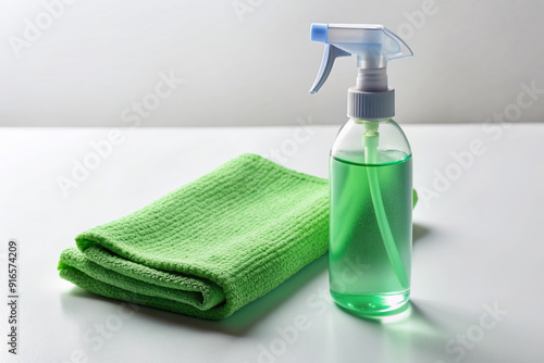 A bottle of disinfectant spray and a microfiber cloth lie on a clean white surface, ready to sanitize and eliminate germs and bacteria. photo