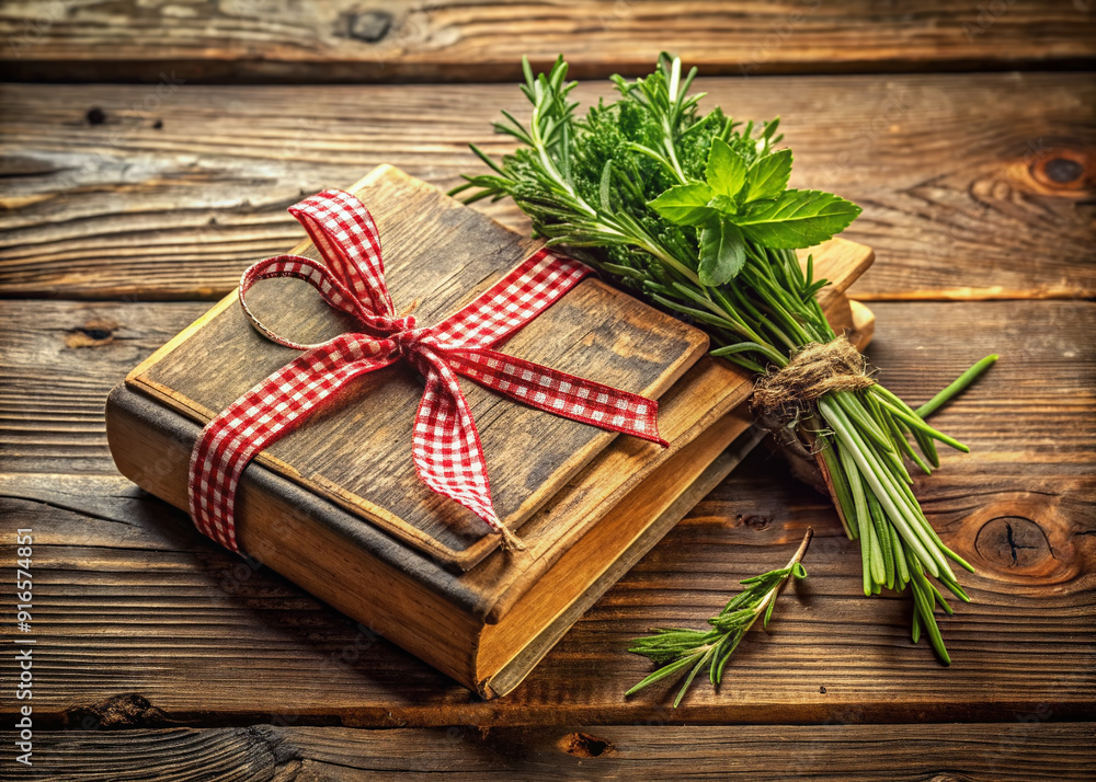 A beautifully styled rustic wooden table features a worn vintage recipe book with a distressed cover, adorned with a red ribbon bookmark and fresh herbs. A beautifully styled rustic wooden table features a worn vintage recipe book with a distressed cover, adorned with a red ribbon bookmark and fresh herbs.
