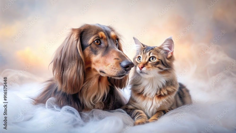 Quiet moment shared between Dachshund and Maine Coon cat in soft pastel colors with fog effect, Pets, animals, friendship Quiet moment shared between Dachshund and Maine Coon cat in soft pastel colors with fog effect, Pets, animals, friendship