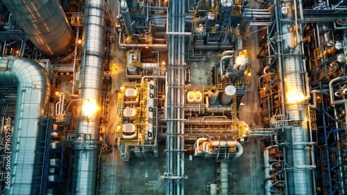 A chemical plant with large distillation columns, showcasing the complexity and scale of industrial. photo