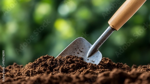 Close-up of a Trowel Digging into the Rich Soil,Detailed View of the Metal Blade