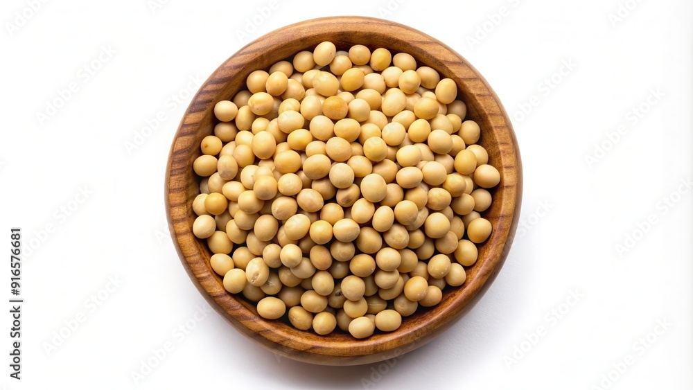 A dozen light brown soybean seeds are carefully arranged in a rustic wooden bowl, standing out against a pure white background in a top-down view. A dozen light brown soybean seeds are carefully arranged in a rustic wooden bowl, standing out against a pure white background in a top-down view.