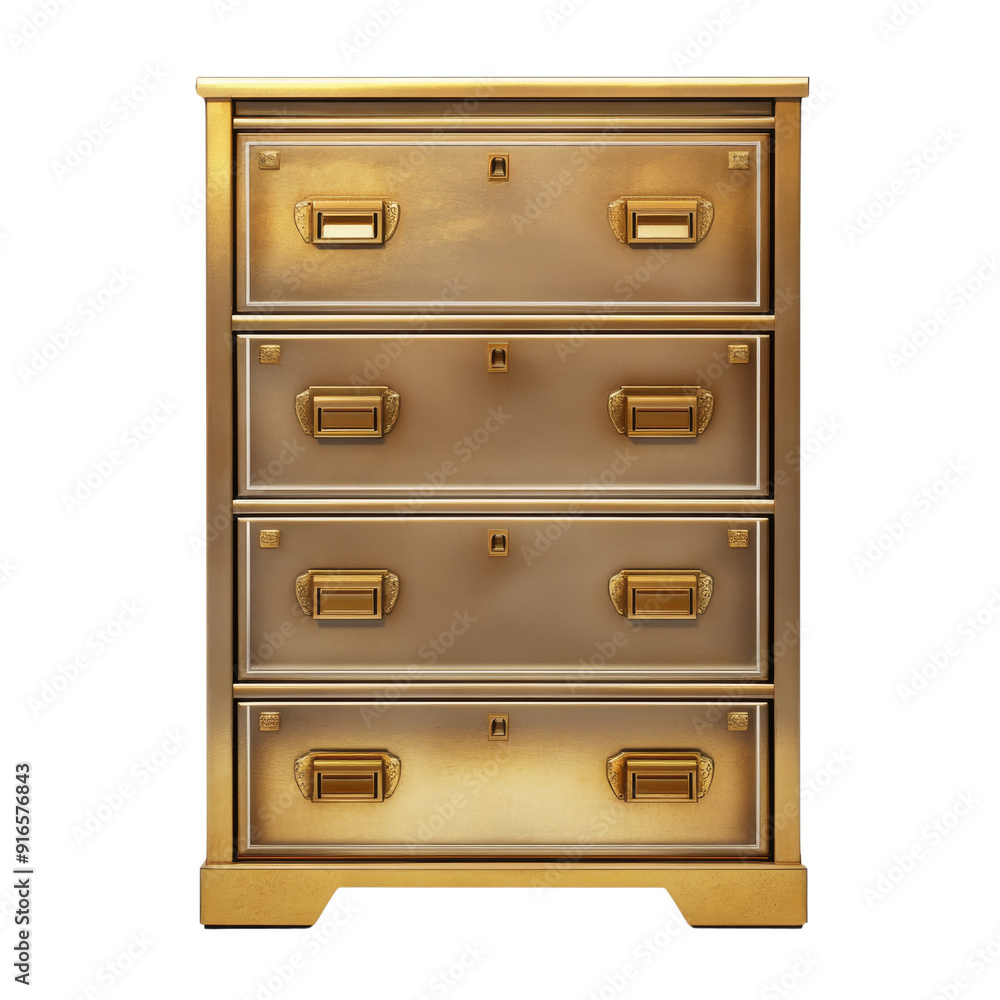 Elegant golden filing cabinet with four spacious drawers, perfect for organizing office documents and adding a touch of luxury. Elegant golden filing cabinet with four spacious drawers, perfect for organizing office documents and adding a touch of luxury.