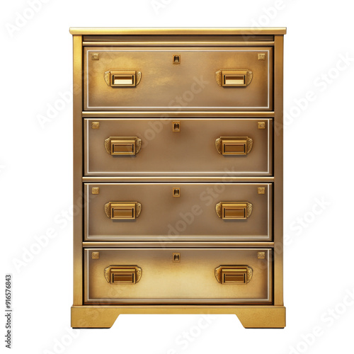 Elegant golden filing cabinet with four spacious drawers, perfect for organizing office documents and adding a touch of luxury.