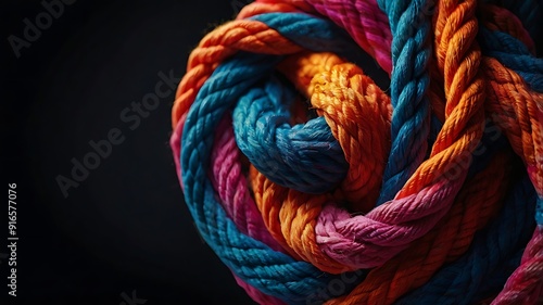 High-resolution, digitally created image featuring a complex knot made from brightly colored ropes 