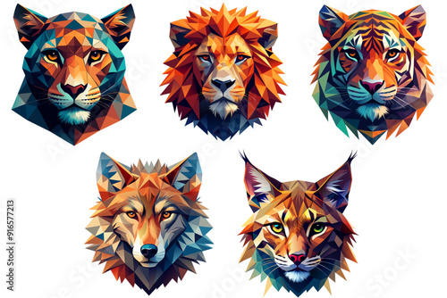 Set of colorful polygonal animals head Tiger, Lion, Jaguar, Wolf, Lynx. Vector illustration for your design