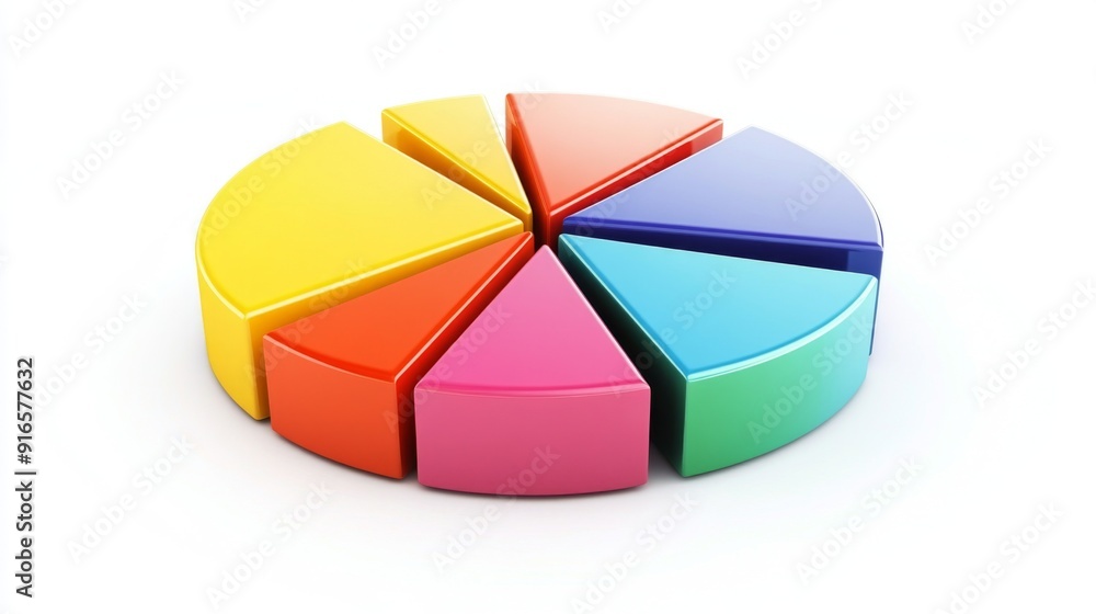 Obraz premium A pie chart with distinct, bright colors and clean lines, representing different business divisions on a white background.