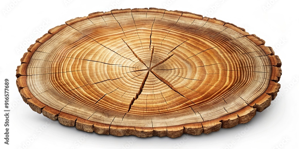 Fototapeta premium A rustic graphic illustration of a sawcut tree trunk displays aged annual rings with splits and cracks, isolated on a clean white background.
