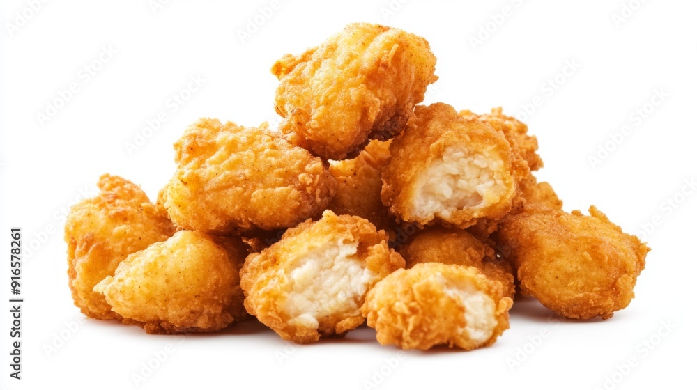 A pile of fried chicken nuggets, perfectly golden and crispy, on a white background. A pile of fried chicken nuggets, perfectly golden and crispy, on a white background.