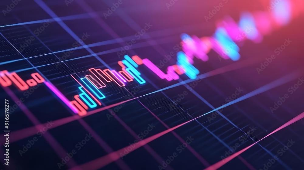 Fototapeta premium AI-enhanced financial graph, vibrant neon stock market lines, technology-inspired trading insight