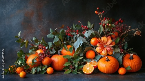 Autumnal Still Life with Pumpkins, Citrus Fruits, and Berries