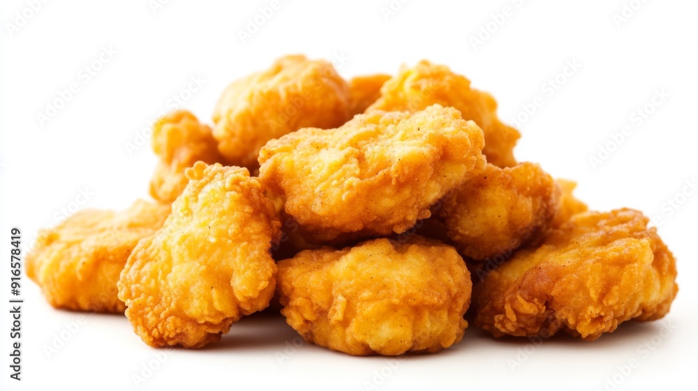 A pile of fried chicken nuggets, perfectly golden and crispy, on a white background. A pile of fried chicken nuggets, perfectly golden and crispy, on a white background.