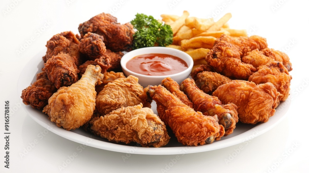 A plate of assorted fried chicken pieces, including wings, thighs, and drumsticks, with a side of dipping sauce on a white background A plate of assorted fried chicken pieces, including wings, thighs, and drumsticks, with a side of dipping sauce on a white background