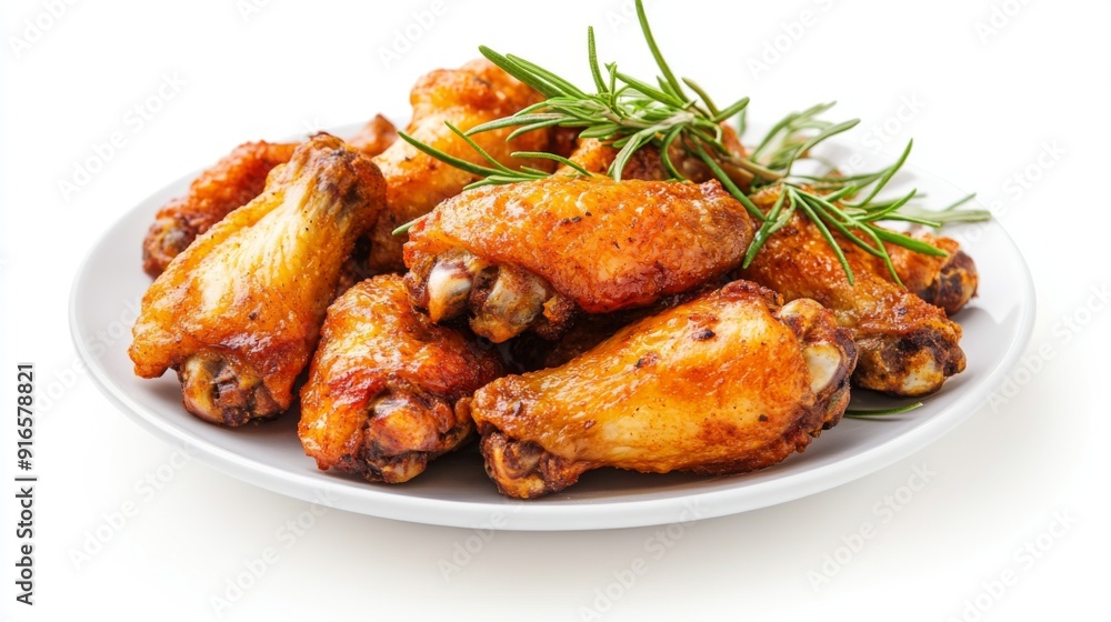 A plate of fried chicken wings, seasoned with herbs and spices, on a white background. A plate of fried chicken wings, seasoned with herbs and spices, on a white background.