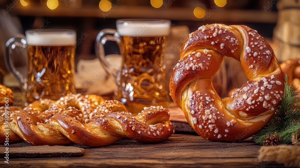 Artistic closeup of a pretzel twisted with intricate details, surrounded by a rustic wooden table setting, perfect for Oktoberfest, Oktoberfest food, Traditional snack Artistic closeup of a pretzel twisted with intricate details, surrounded by a rustic wooden table setting, perfect for Oktoberfest, Oktoberfest food, Traditional snack