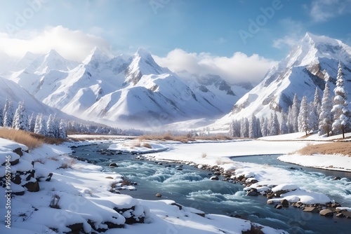 Snow-capped mountain peaks surrounded by forest. Landscape in a modern style. The painting is made in watercolor on wet paper using the aquaprint technique.
 photo