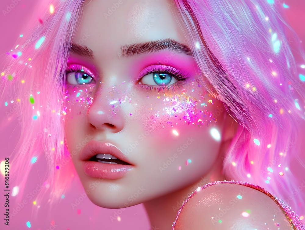 Close-up portrait of a woman with pink hair and glitter makeup. Close-up portrait of a woman with pink hair and glitter makeup.