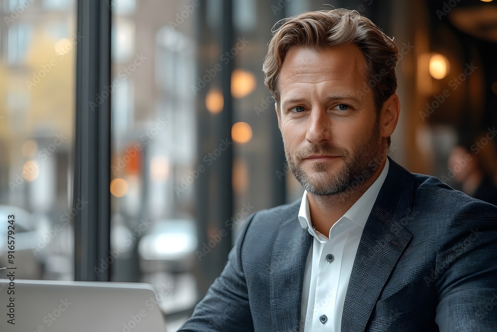 European businessman in his mid-30s, with short brown hair and a well-groomed beard, sitting at a sleek, modern desk in a contemporary office setting European businessman in his mid-30s, with short brown hair and a well-groomed beard, sitting at a sleek, modern desk in a contemporary office setting