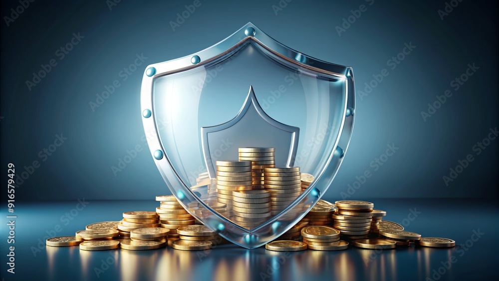 Clear crystal glass shield protects deposit and interest, symbolizing money safety and secure investment, creative concept for financial freedom and stable stock market movement. Clear crystal glass shield protects deposit and interest, symbolizing money safety and secure investment, creative concept for financial freedom and stable stock market movement.