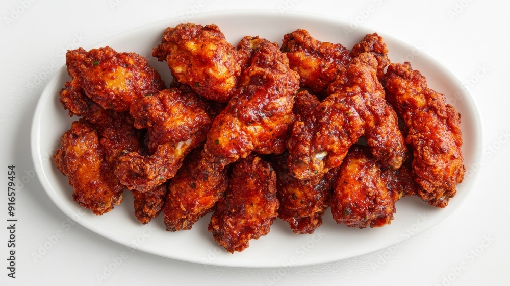 A platter of spicy fried chicken with visible red seasoning, arranged neatly on a white background. A platter of spicy fried chicken with visible red seasoning, arranged neatly on a white background.