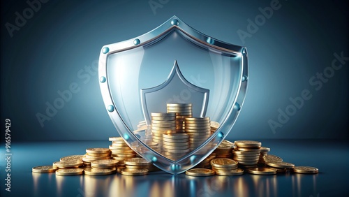 Clear crystal glass shield protects deposit and interest, symbolizing money safety and secure investment, creative concept for financial freedom and stable stock market movement.