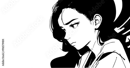 A stylized black and white illustration of a woman with long hair, looking to the side. The artwork features strong lines and a minimalist design, emphasizing her facial features and expression.