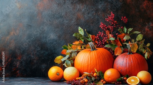 Autumn Harvest Still Life with Pumpkins and Oranges