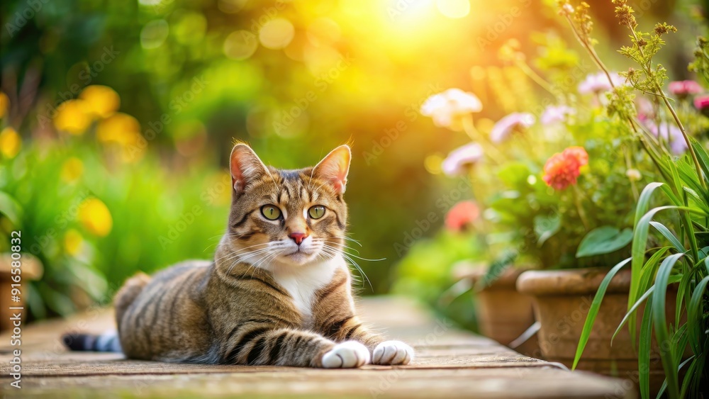 Cat lounging in a peaceful garden setting, cat, garden, relaxation, peaceful, outdoor, feline, pet, greenery, nature, flora Cat lounging in a peaceful garden setting, cat, garden, relaxation, peaceful, outdoor, feline, pet, greenery, nature, flora
