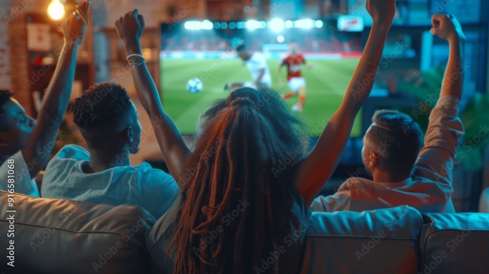 Fototapeta premium A group of people are watching a soccer game on a television