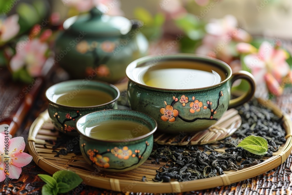 A serene tea set features delicate floral designs, surrounded by loose tea leaves and blossoms, creating a calming atmosphere. A serene tea set features delicate floral designs, surrounded by loose tea leaves and blossoms, creating a calming atmosphere.
