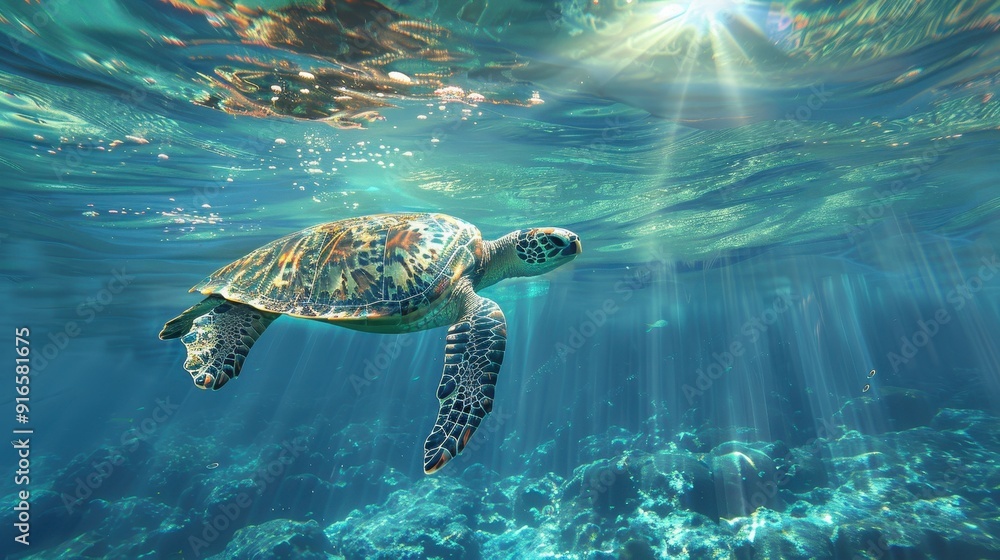 Obraz premium A serene underwater scene featuring a graceful turtle swimming through crystal clear waters, illuminated by sunlight.