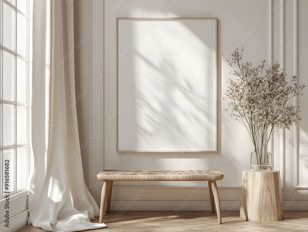 Minimalist white poster mockup placed flat on a clean, neutral wall with no distractions Minimalist white poster mockup placed flat on a clean, neutral wall with no distractions