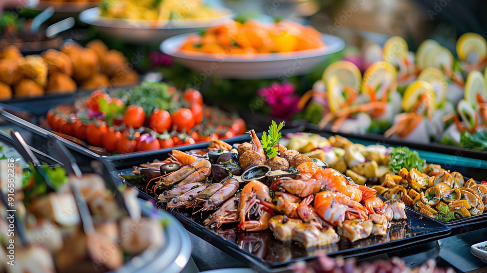 A lavish buffet table with various international cuisines, elegantly presented