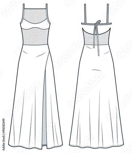 Mesh maxi Dress technical fashion illustration. Strap Bias Dress fashion flat technical drawing template, front slit, front and back view, white, women Dress CAD mockup.