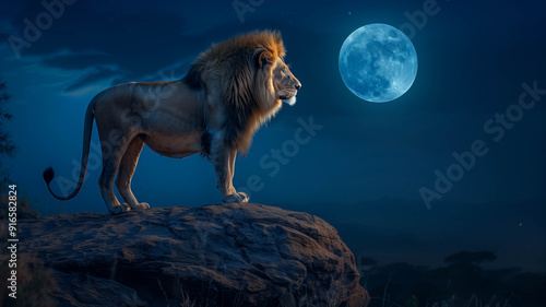 A majestic lion standing regally on a stone at night, with a full moon casting a soft glow on its mane