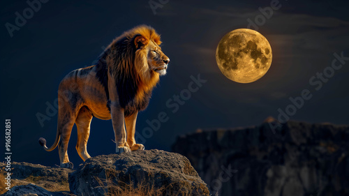 A majestic lion standing regally on a stone at night, with a full moon casting a soft glow on its mane