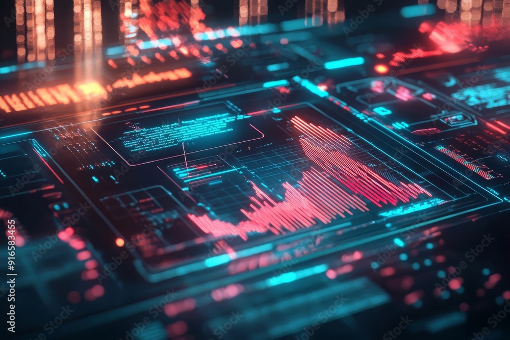 Futuristic digital interface with data visualization, displaying complex graphs and analytics in a neon-lit environment. Futuristic digital interface with data visualization, displaying complex graphs and analytics in a neon-lit environment.