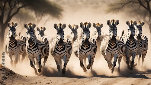 High-resolution, landscape-oriented photograph featuring a herd of zebras running towards the camera 