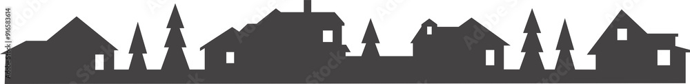Obraz premium Town and village houses on skyline. Silhouette of small buildings in neighborhood. Christmas rural simple drawing. Winter country landscape with trees