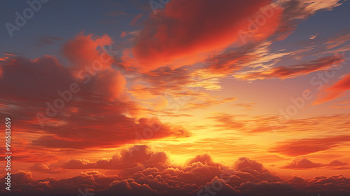 Fiery orange dramatic cloudy sunset sky colorful