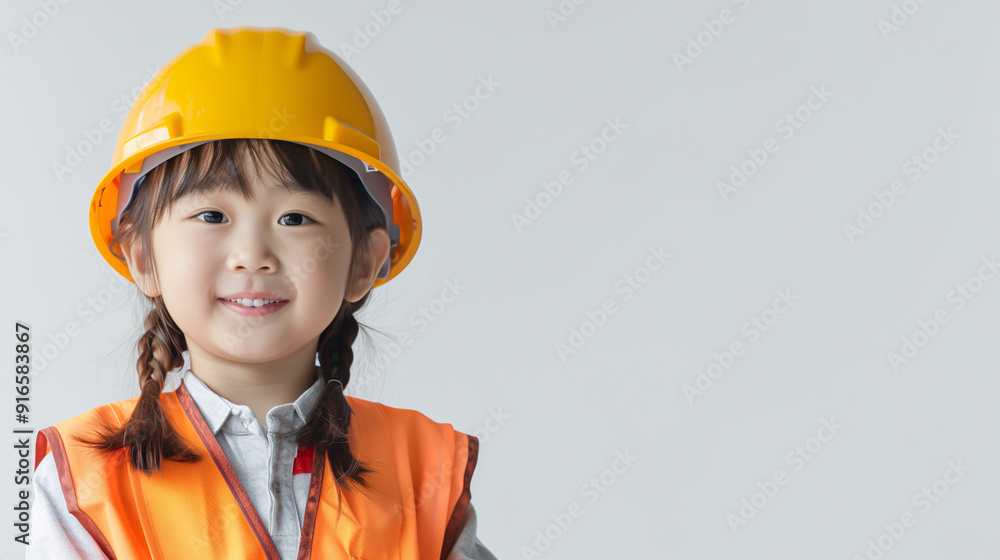 A cute happy smiling young Japanese girl dressed like a construction worker on a plain white background with copy space for text. A cute happy smiling young Japanese girl dressed like a construction worker on a plain white background with copy space for text.